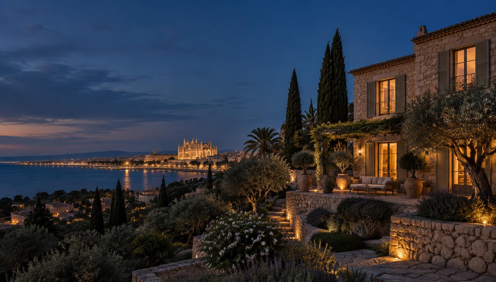 Casa mallorquina de piedra con la Catedral de Palma iluminada al fondo